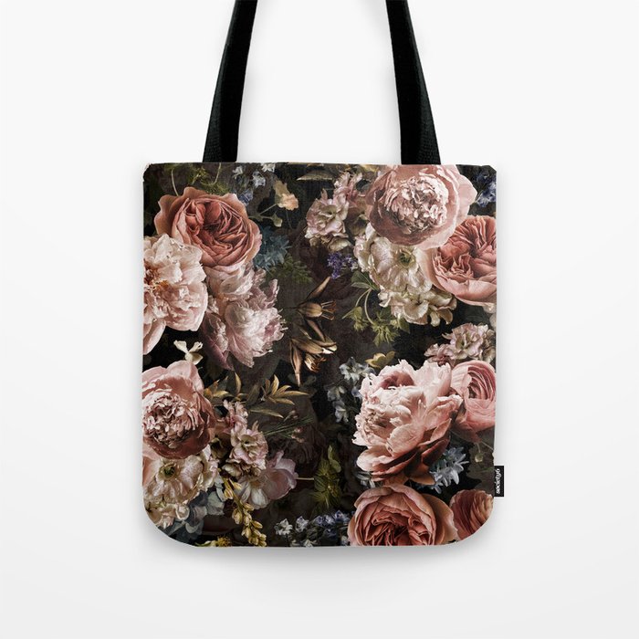 Vintage & Shabby Chic- Real Roses And Peonies Lush Midnight Flowers Botanical Garden Tote Bag Gallery Image 1