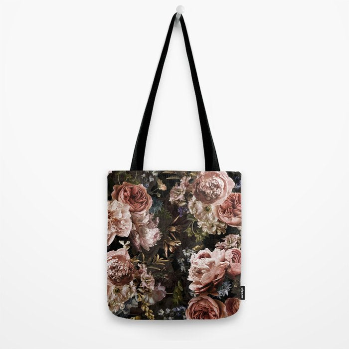 Vintage & Shabby Chic- Real Roses And Peonies Lush Midnight Flowers Botanical Garden Tote Bag Gallery Image 2