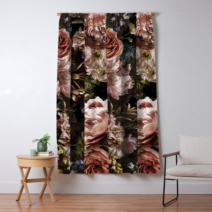 Vintage & Shabby Chic- Real Roses And Peonies Lush Midnight Flowers Botanical Garden Window Curtain Gallery Image 5