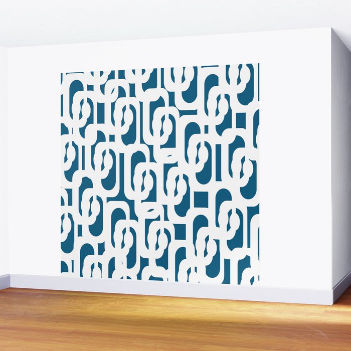 Mid Century Modern Contemporary Loops Blue and White Pattern Wall Mural Gallery Image 2