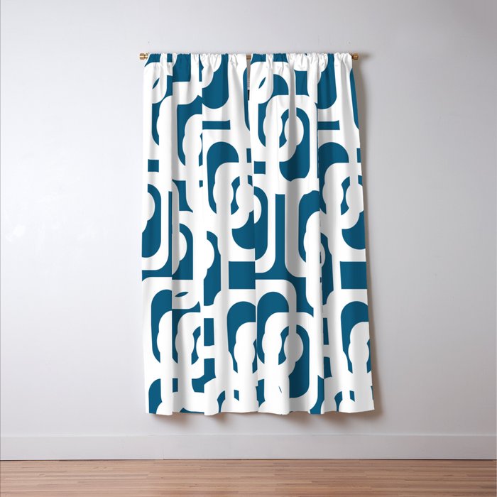 Mid Century Modern Contemporary Loops Blue and White Pattern Window Curtain Gallery Image 3