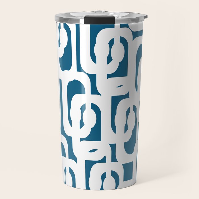 Mid Century Modern Contemporary Loops Blue and White Pattern Travel Mug Gallery Image 1
