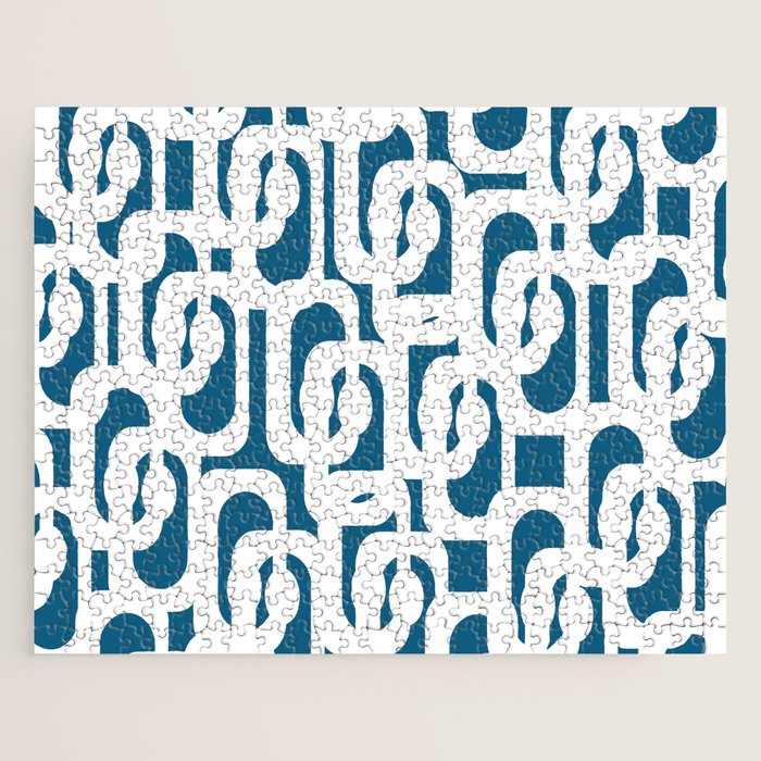 Mid Century Modern Contemporary Loops Blue and White Pattern Jigsaw Puzzle Gallery Image 1