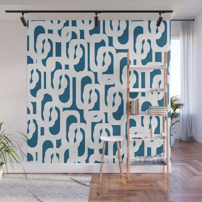 Mid Century Modern Contemporary Loops Blue and White Pattern Wall Mural Gallery Image 1