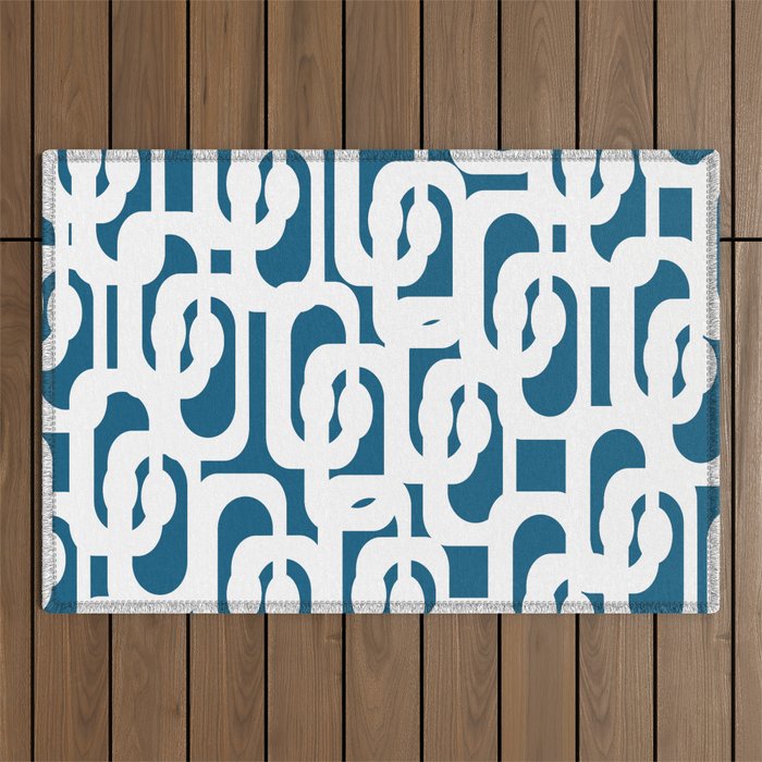 Mid Century Modern Contemporary Loops Blue and White Pattern Outdoor Rug Gallery Image 1