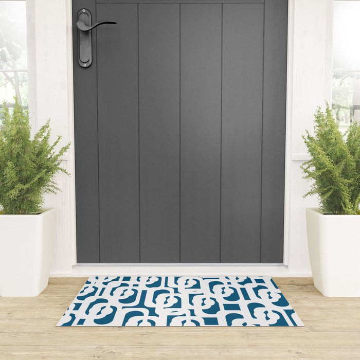 Mid Century Modern Contemporary Loops Blue and White Pattern Welcome Mat Gallery Image 3