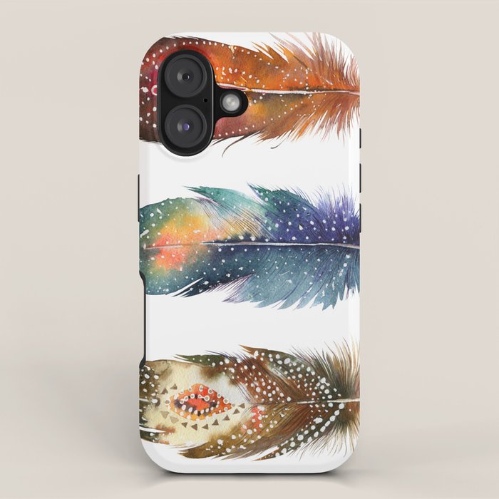 Colorful Magical Mystical Feathers Watercolor Painting Nature Tribal Patterns White Background iPhone Case Gallery Image 1
