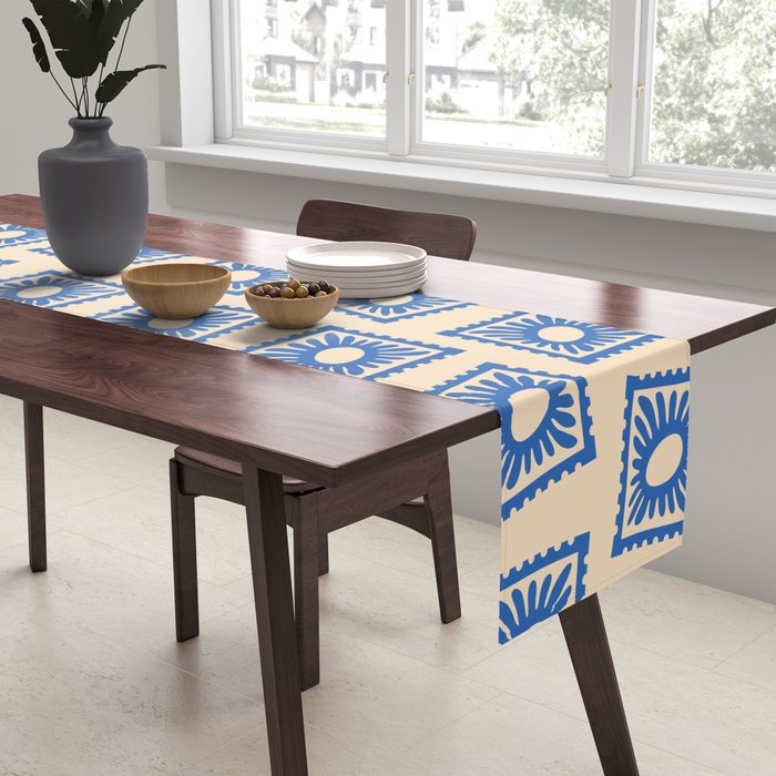 Vintage blue flower postage stamp pattern Table Runner Gallery Image 2