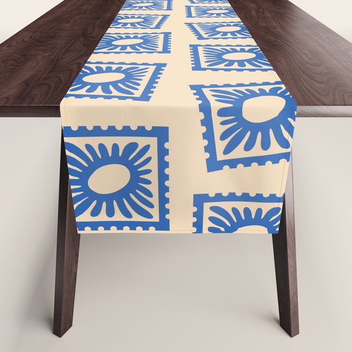 Vintage blue flower postage stamp pattern Table Runner Gallery Image 1