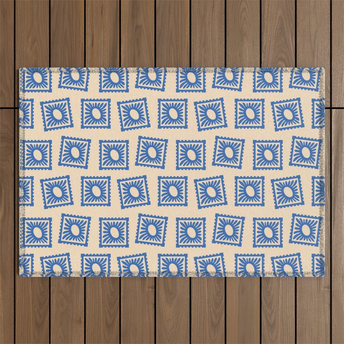 Vintage blue flower postage stamp pattern Outdoor Rug Gallery Image 1