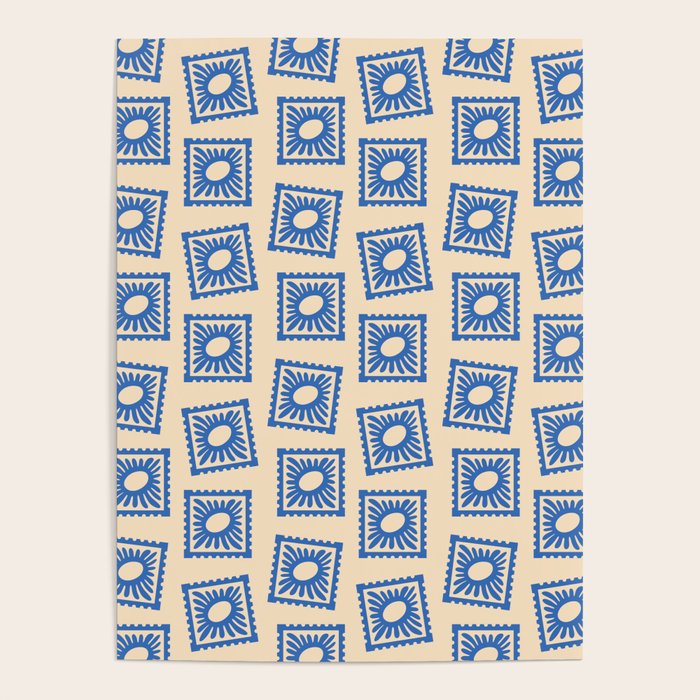 Vintage blue flower postage stamp pattern Poster Gallery Image 1