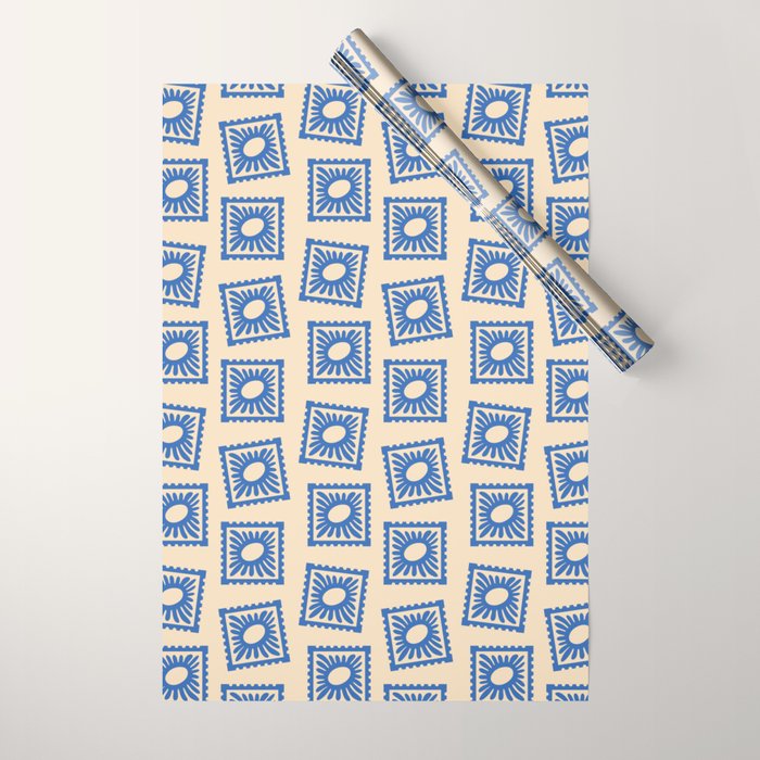 Vintage blue flower postage stamp pattern Wrapping Paper Gallery Image 1