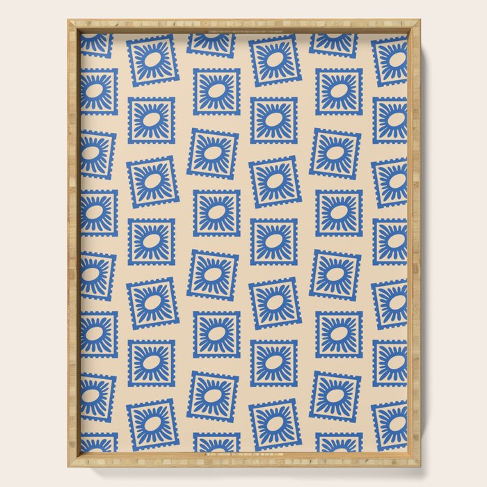Vintage blue flower postage stamp pattern Serving Tray Gallery Image 1