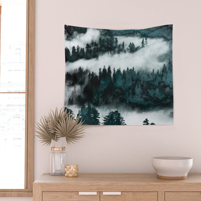 Foggy Forest Fun - Turquoise Mountains Wall Tapestry Gallery Image 2