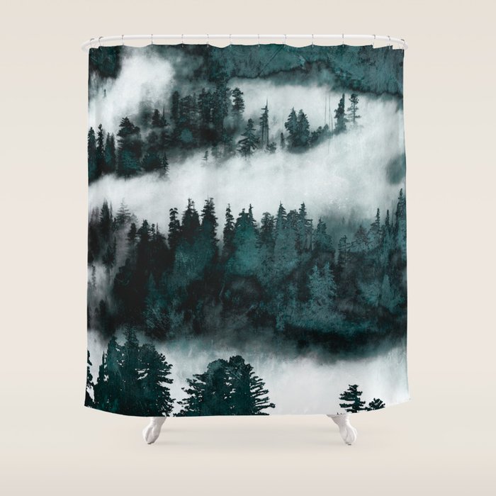 Foggy Forest Fun - Turquoise Mountains Shower Curtain Gallery Image 1