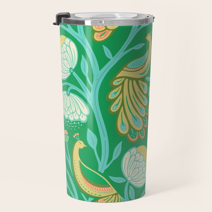 Peacock Dreams - Electric Green Travel Mug Gallery Image 3