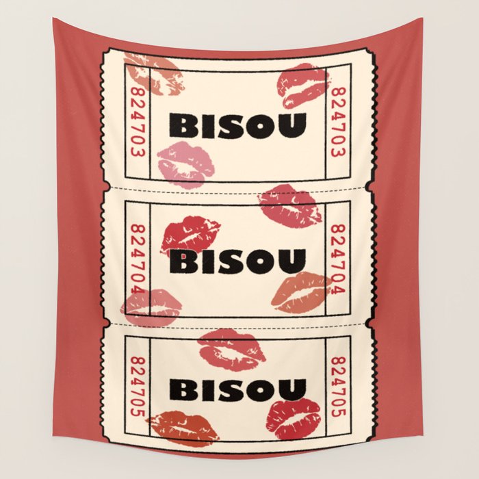 Bisou Bisou. Retro Movie Ticket Wall Tapestry Gallery Image 1