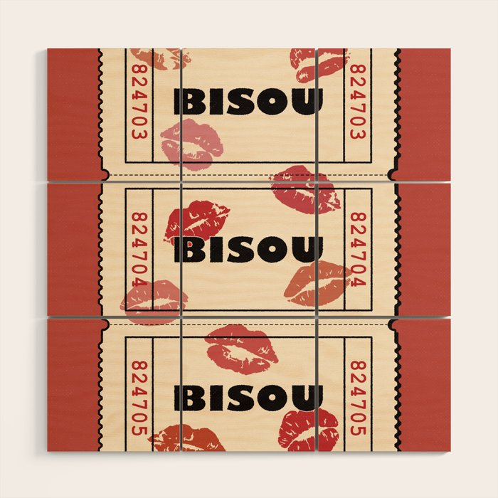 Bisou Bisou. Retro Movie Ticket Wood Wall Art Gallery Image 1