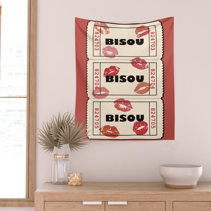 Bisou Bisou. Retro Movie Ticket Wall Tapestry Gallery Image 2