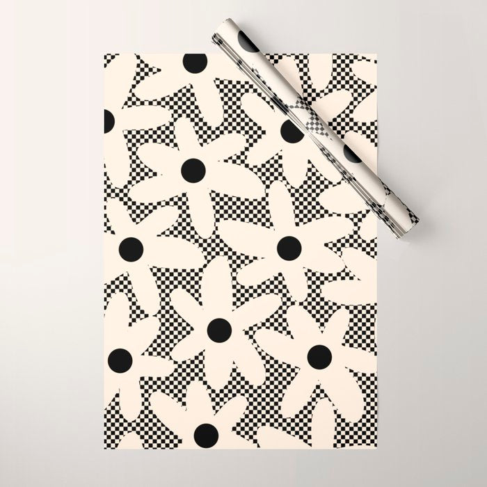 Daisy Time Retro Floral Checks and Dots Pattern in Black and Almond Cream Wrapping Paper Gallery Image 1