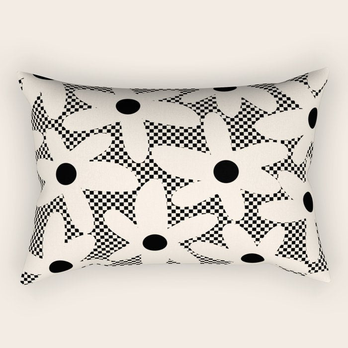 Daisy Time Retro Floral Checks and Dots Pattern in Black and Almond Cream Rectangular Pillow Gallery Image 2