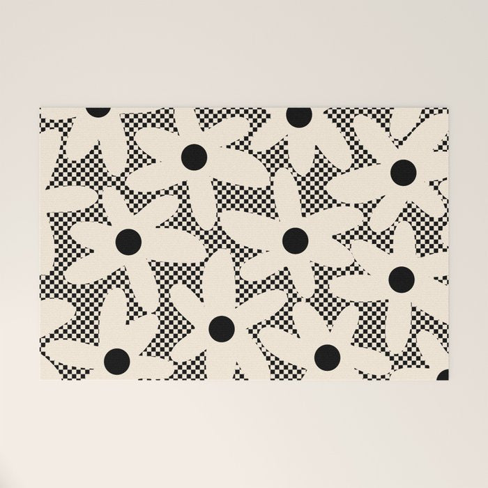 Daisy Time Retro Floral Checks and Dots Pattern in Black and Almond Cream Welcome Mat Gallery Image 1