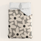 Daisy Time Retro Floral Checks and Dots Pattern in Black and Almond Cream Duvet Cover Gallery Image 6