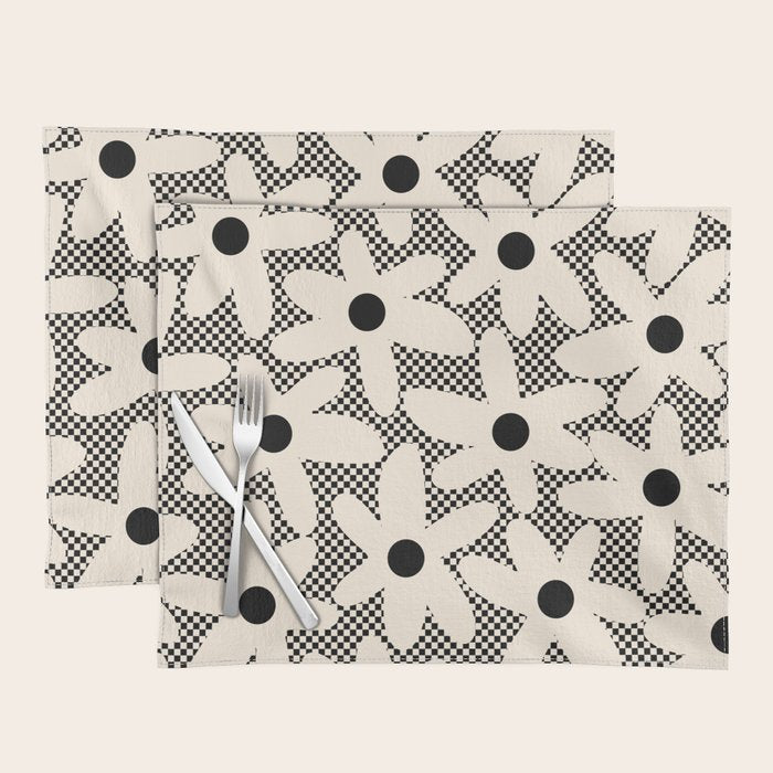Daisy Time Retro Floral Checks and Dots Pattern in Black and Almond Cream Placemat Gallery Image 1