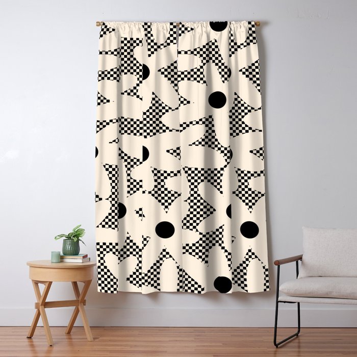 Daisy Time Retro Floral Checks and Dots Pattern in Black and Almond Cream Window Curtain Gallery Image 1