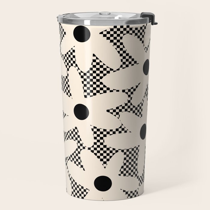 Daisy Time Retro Floral Checks and Dots Pattern in Black and Almond Cream Travel Mug Gallery Image 2