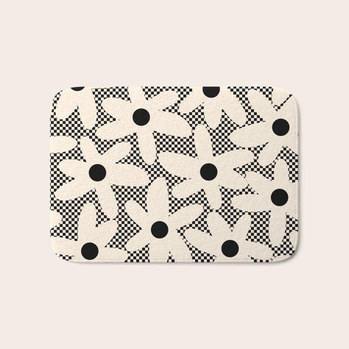Daisy Time Retro Floral Checks and Dots Pattern in Black and Almond Cream Bath Mat Gallery Image 1