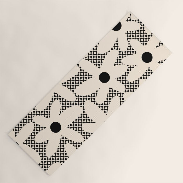Daisy Time Retro Floral Checks and Dots Pattern in Black and Almond Cream Yoga Mat Gallery Image 1