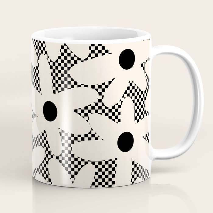 Daisy Time Retro Floral Checks and Dots Pattern in Black and Almond Cream Coffee Mug Gallery Image 1