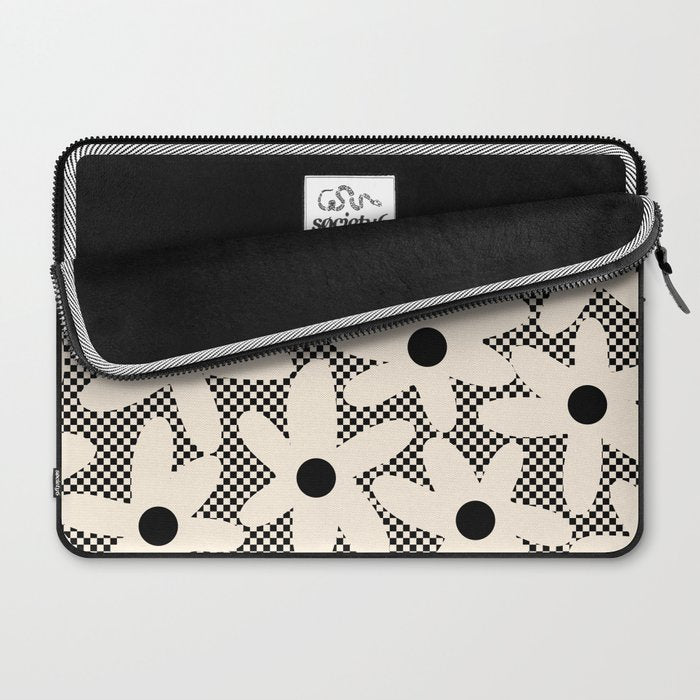 Daisy Time Retro Floral Checks and Dots Pattern in Black and Almond Cream Laptop Sleeve Gallery Image 2
