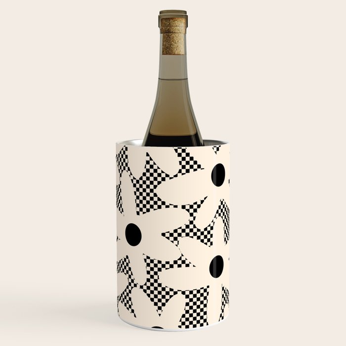 Daisy Time Retro Floral Checks and Dots Pattern in Black and Almond Cream Wine Chiller Gallery Image 3