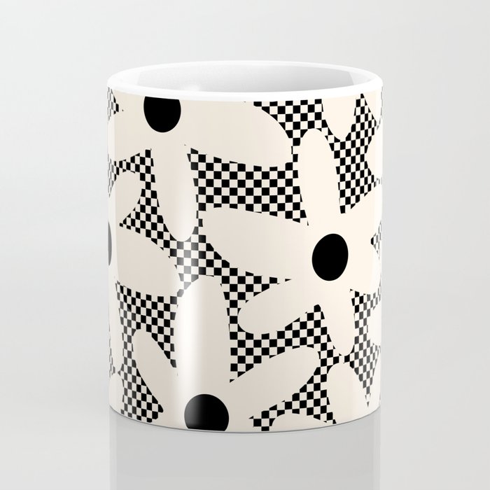 Daisy Time Retro Floral Checks and Dots Pattern in Black and Almond Cream Coffee Mug Gallery Image 4