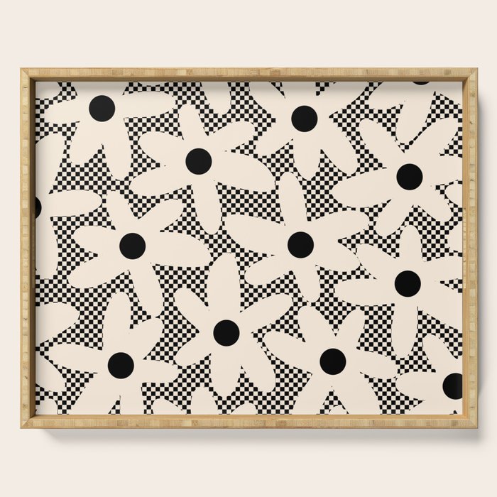 Daisy Time Retro Floral Checks and Dots Pattern in Black and Almond Cream Serving Tray Gallery Image 1