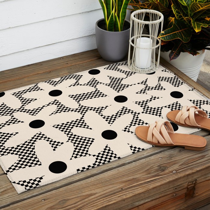 Daisy Time Retro Floral Checks and Dots Pattern in Black and Almond Cream Outdoor Rug Gallery Image 2