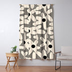 Daisy Time Retro Floral Checks and Dots Pattern in Black and Almond Cream Window Curtain Gallery Image 5
