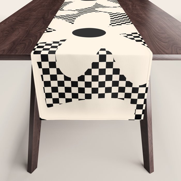 Daisy Time Retro Floral Checks and Dots Pattern in Black and Almond Cream Table Runner Gallery Image 1
