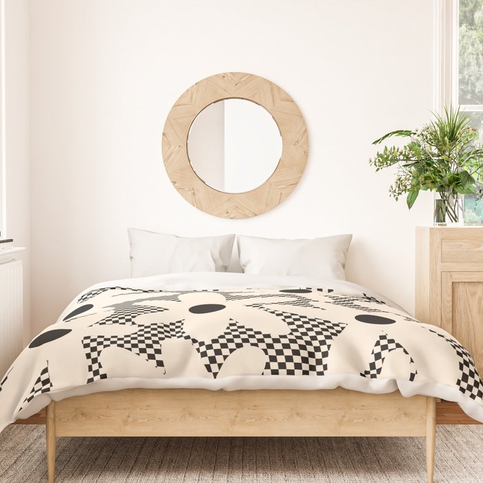 Daisy Time Retro Floral Checks and Dots Pattern in Black and Almond Cream Duvet Cover Gallery Image 3