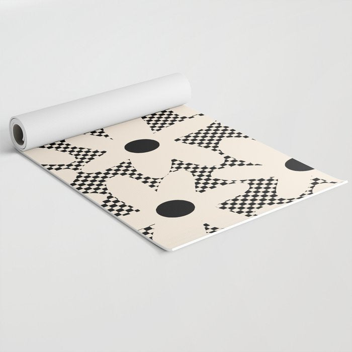 Daisy Time Retro Floral Checks and Dots Pattern in Black and Almond Cream Yoga Mat Gallery Image 2