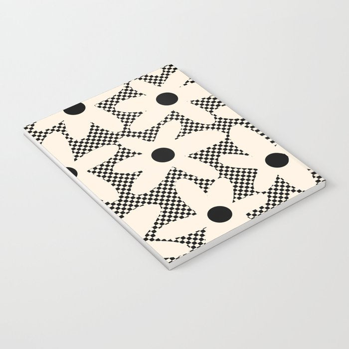 Daisy Time Retro Floral Checks and Dots Pattern in Black and Almond Cream Notebook Gallery Image 3