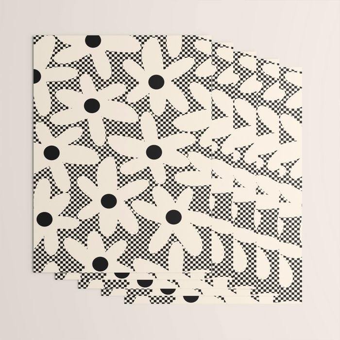 Daisy Time Retro Floral Checks and Dots Pattern in Black and Almond Cream Wrapping Paper Gallery Image 3