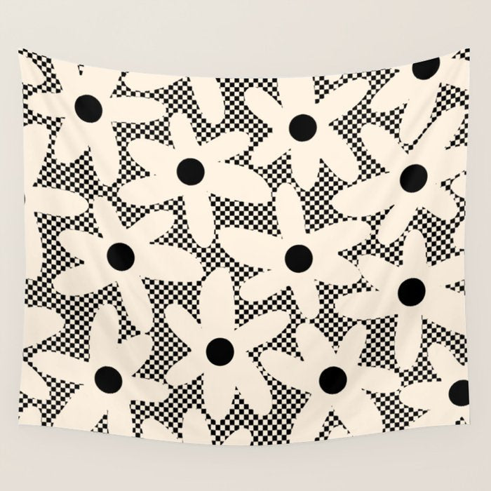 Daisy Time Retro Floral Checks and Dots Pattern in Black and Almond Cream Wall Tapestry Gallery Image 1