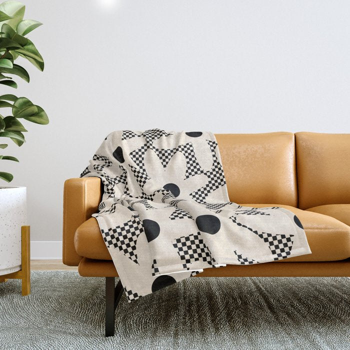 Daisy Time Retro Floral Checks and Dots Pattern in Black and Almond Cream Throw Blanket Gallery Image 1