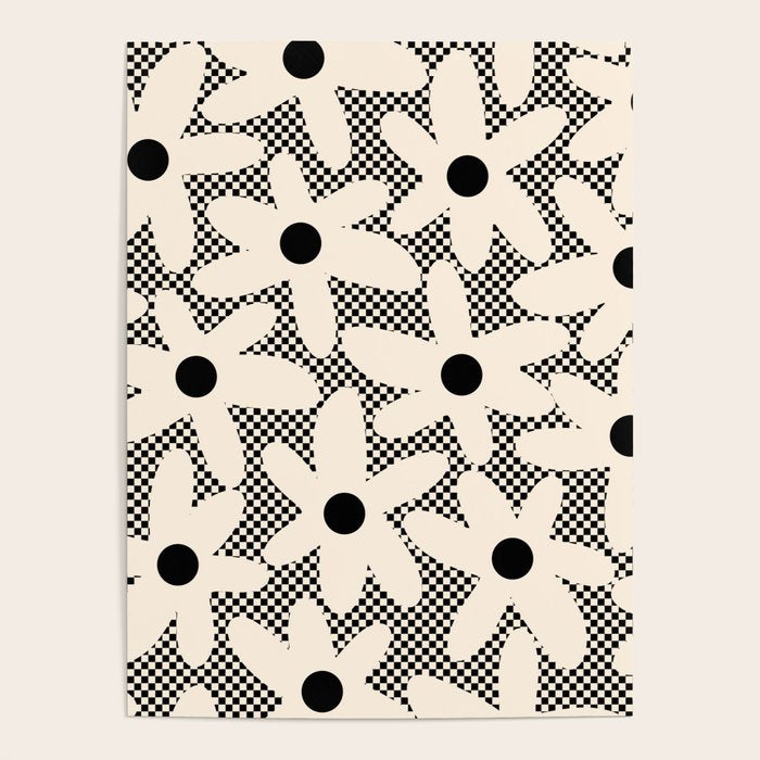 Daisy Time Retro Floral Checks and Dots Pattern in Black and Almond Cream Poster Gallery Image 1