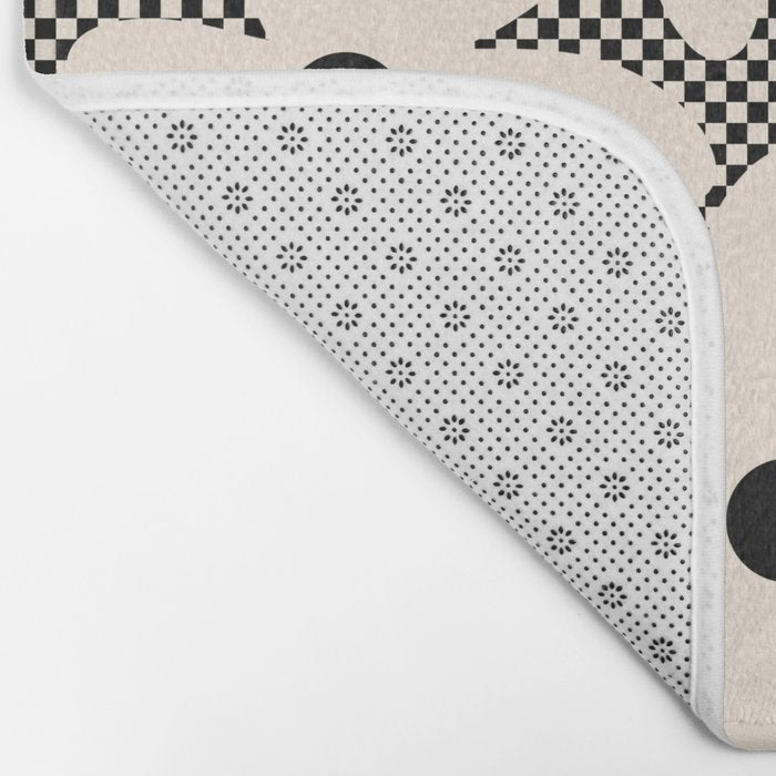 Daisy Time Retro Floral Checks and Dots Pattern in Black and Almond Cream Bath Mat Gallery Image 2