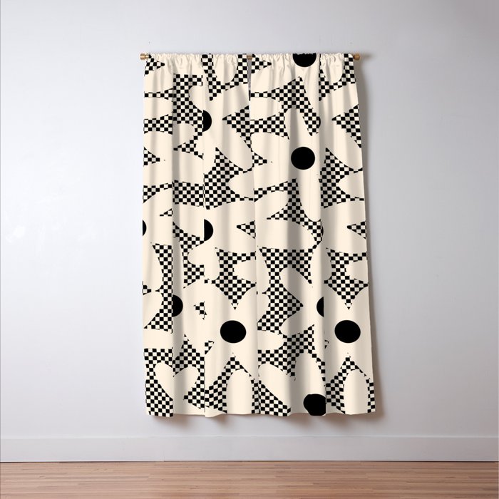 Daisy Time Retro Floral Checks and Dots Pattern in Black and Almond Cream Window Curtain Gallery Image 3