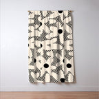 Daisy Time Retro Floral Checks and Dots Pattern in Black and Almond Cream Window Curtain Gallery Image 3